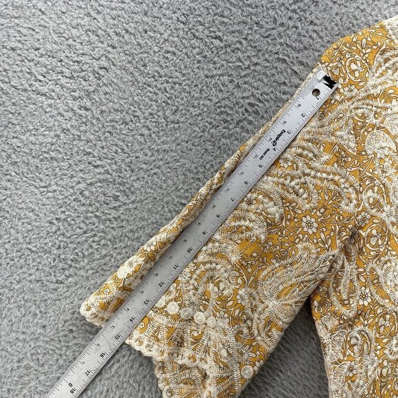 Solitaire BOHO Embroidered Top Womens Large Yellow Scalloped Hem Floral - Picture 8 of 10